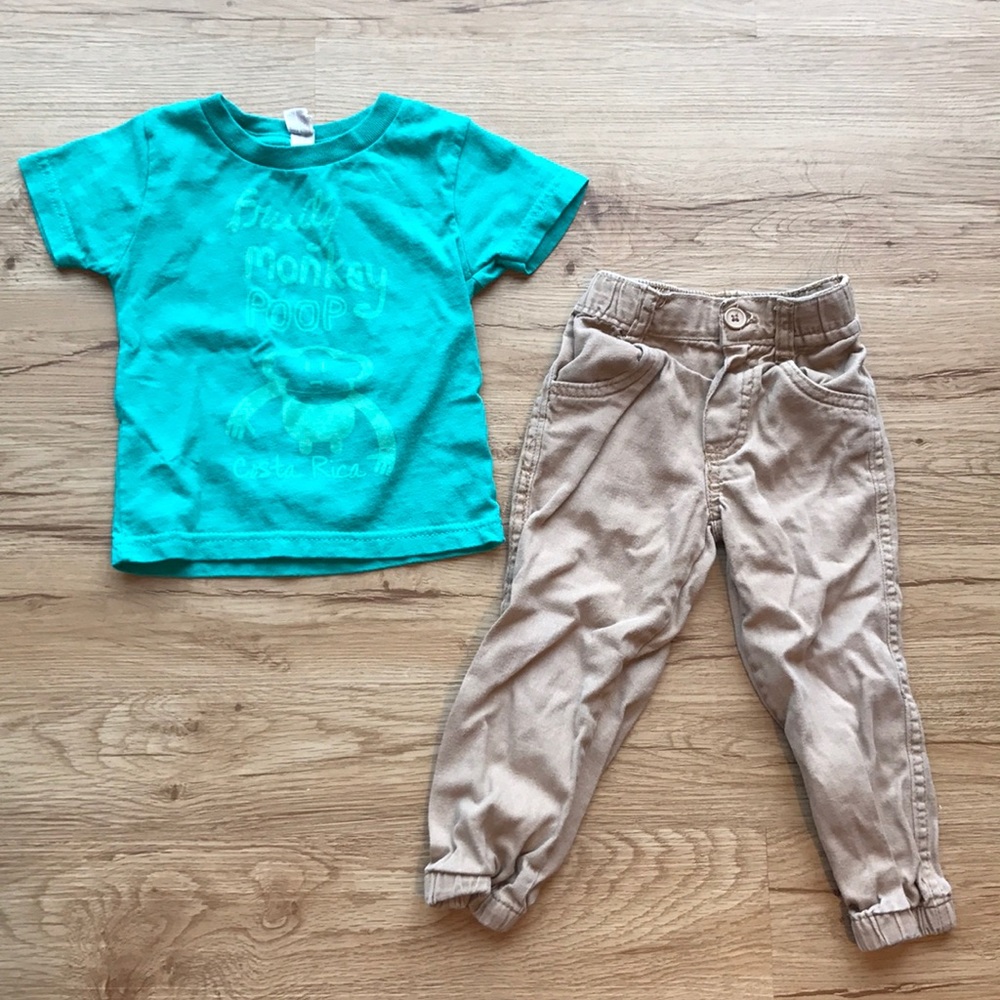 T-shirt and khaki pants